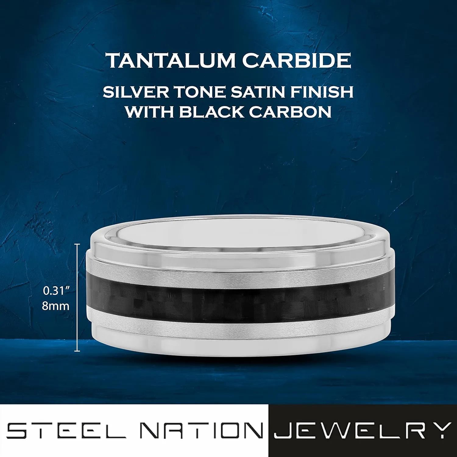 Tantalum Carbide 8mm Silver Tone Satin Finish with Black Carbon Fiber Center and Step Edge Wedding Band, Mens Ring