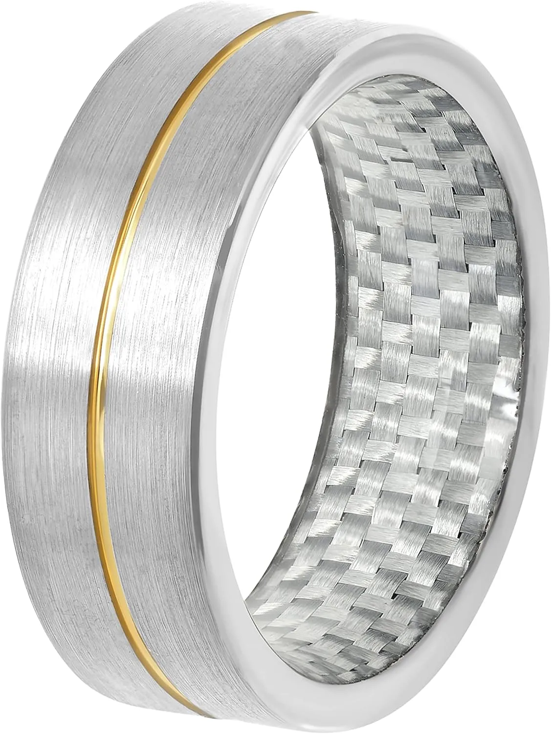 Tantalum Carbide 8mm Silver Tone Satin Finish with Yellow Gold Tone Groove & Carbon Fiber Inlay Interior Men’s Wedding Band Ring
