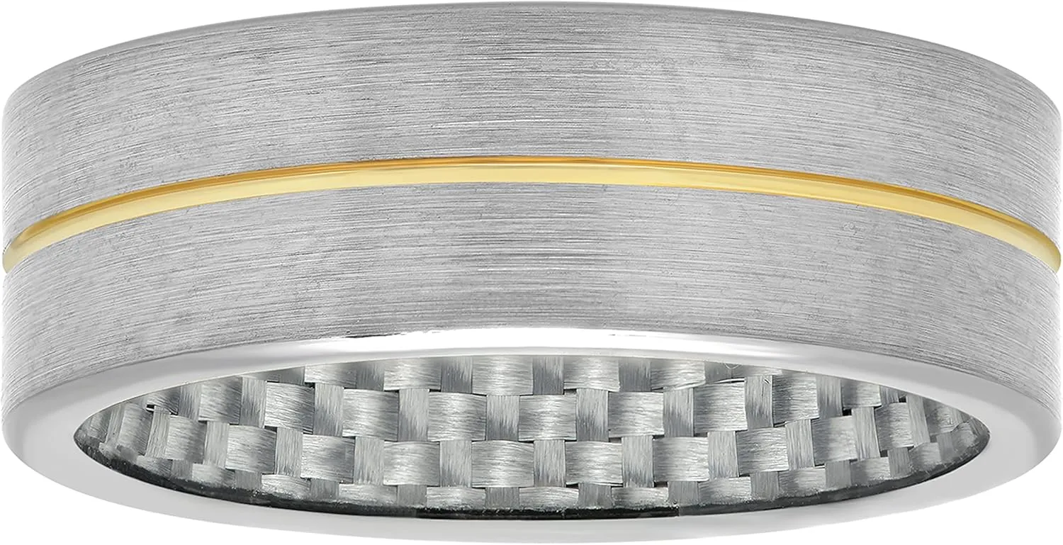 Tantalum Carbide 8mm Silver Tone Satin Finish with Yellow Gold Tone Groove & Carbon Fiber Inlay Interior Men’s Wedding Band Ring