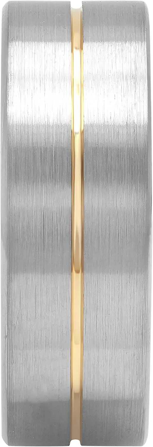 Tantalum Carbide 8mm Silver Tone Satin Finish with Yellow Gold Tone Groove & Carbon Fiber Inlay Interior Men’s Wedding Band Ring