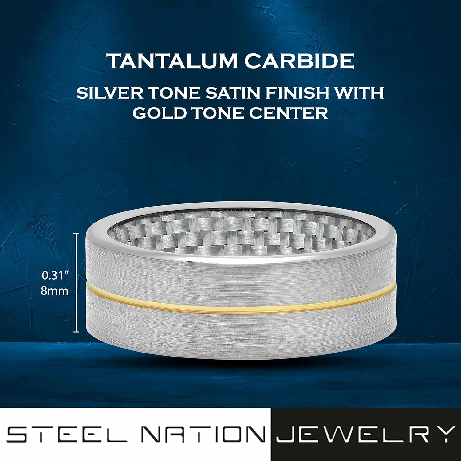 Tantalum Carbide 8mm Silver Tone Satin Finish with Yellow Gold Tone Groove & Carbon Fiber Inlay Interior Men’s Wedding Band Ring