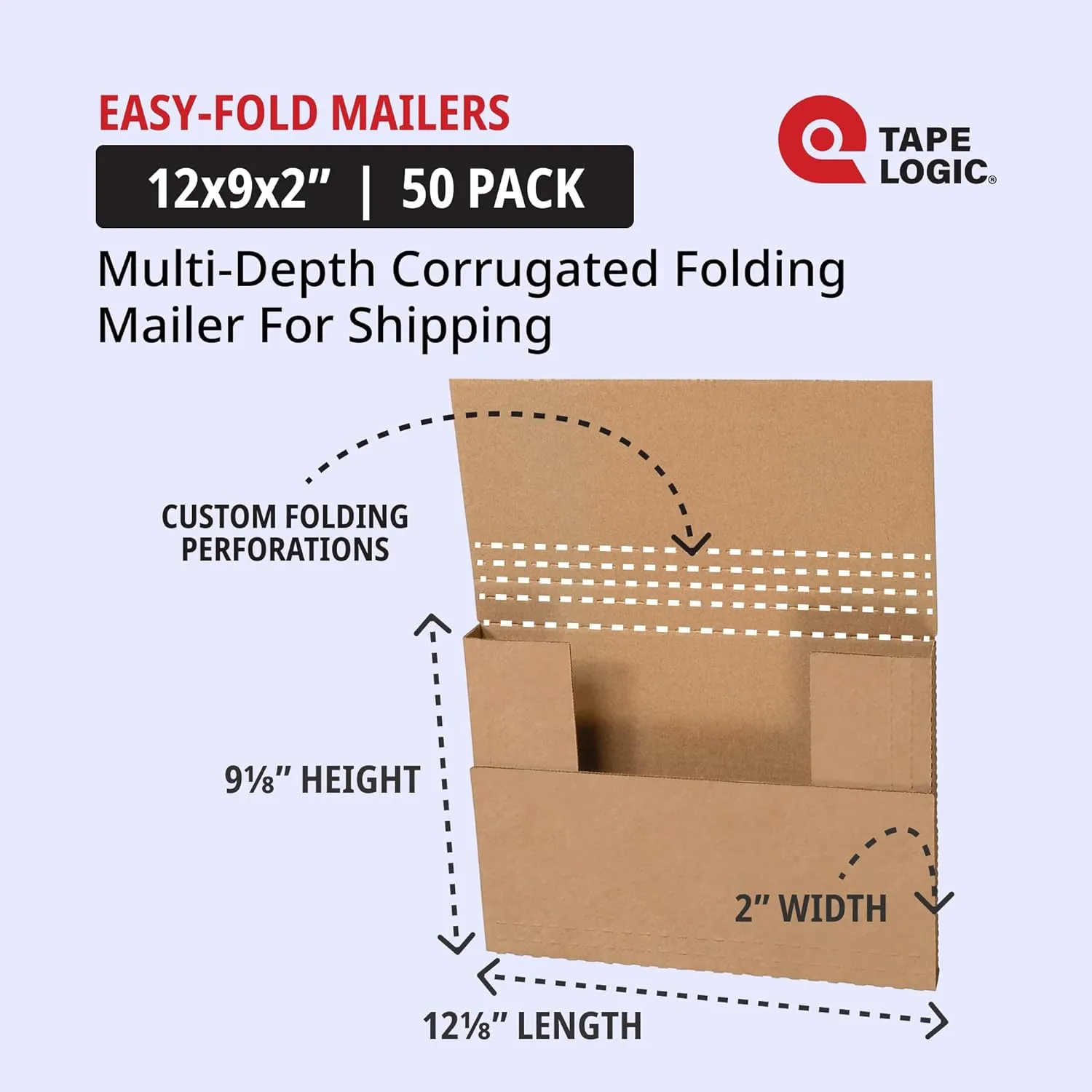 Tape Logic TLM2BKK Easy-Fold Mailers, 12 1/8" x 9 1/8" x 2", Kraft (Pack of 50)