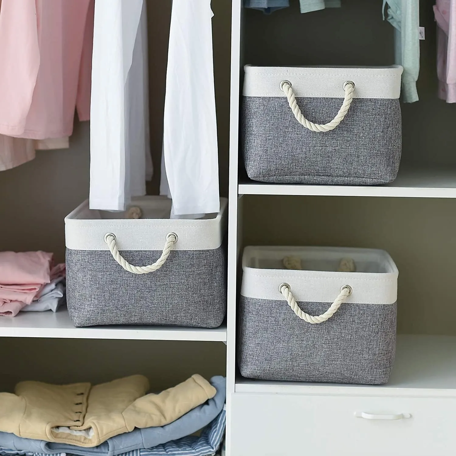 TcaFmac Storage Basket for Organizing - Large 4 Pack 15.8x11.8x8.2 inch Fabric Storage Bins for Shelves, Foldable Storage Cubes for Closet Cloth Toy Gift Kids(White&Grey)