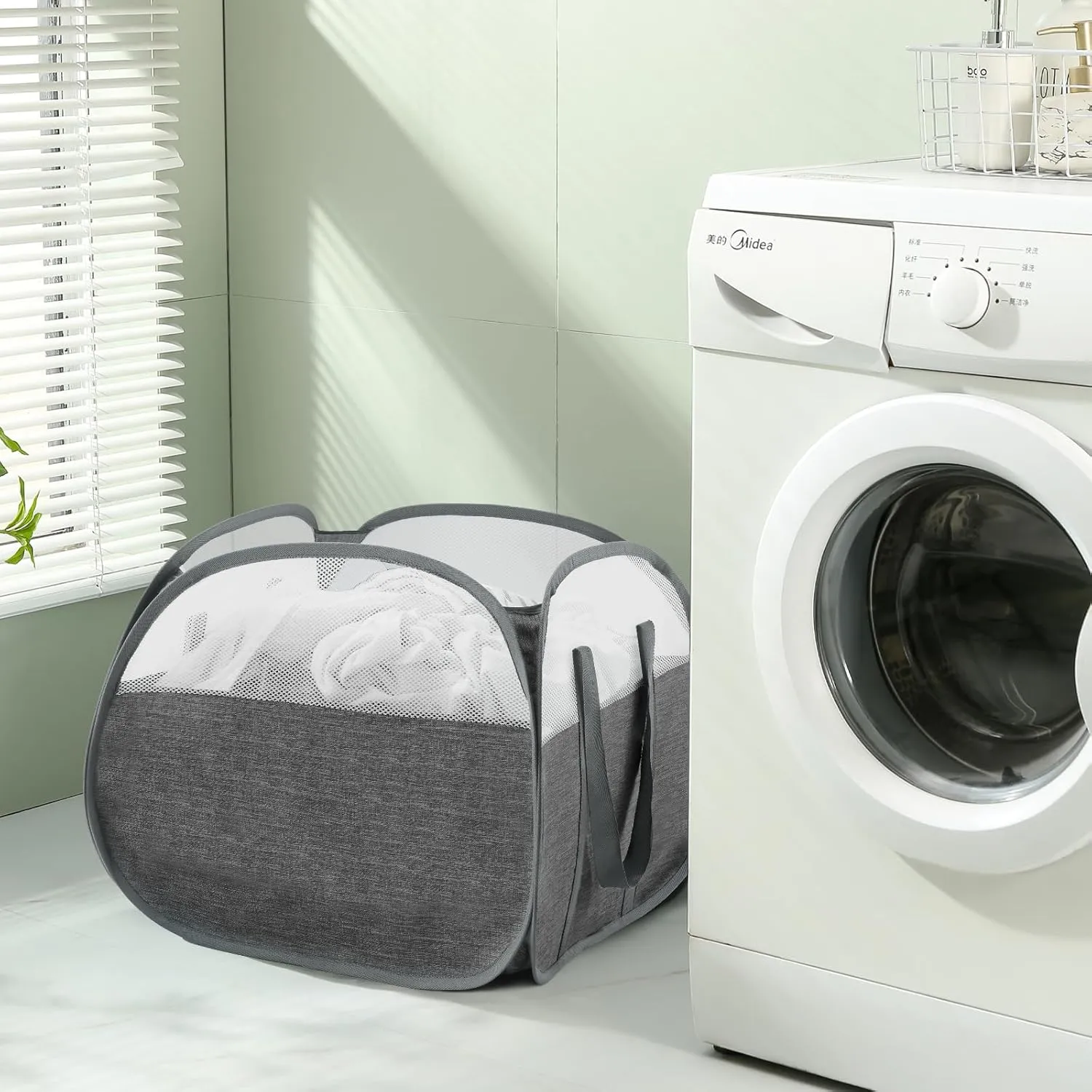 TECHMILLY Pop Up Foldable Laundry Basket, 90L Large Capacity Square & Tear Proof Laundry Hamper with Reinforced Handles for Dirty Clothes Storage in Dorm, Laundry Room, Bathroom, Grey(Fabric), 2 Pack