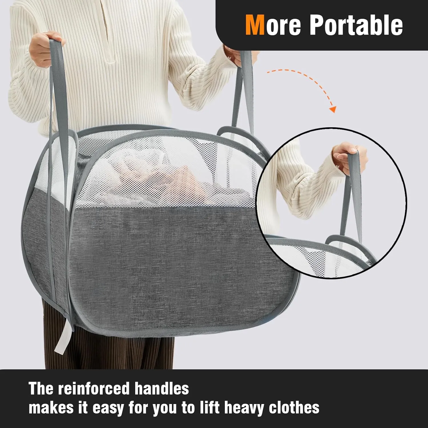 TECHMILLY Pop Up Foldable Laundry Basket, 90L Large Capacity Square & Tear Proof Laundry Hamper with Reinforced Handles for Dirty Clothes Storage in Dorm, Laundry Room, Bathroom, Grey(Fabric), 2 Pack