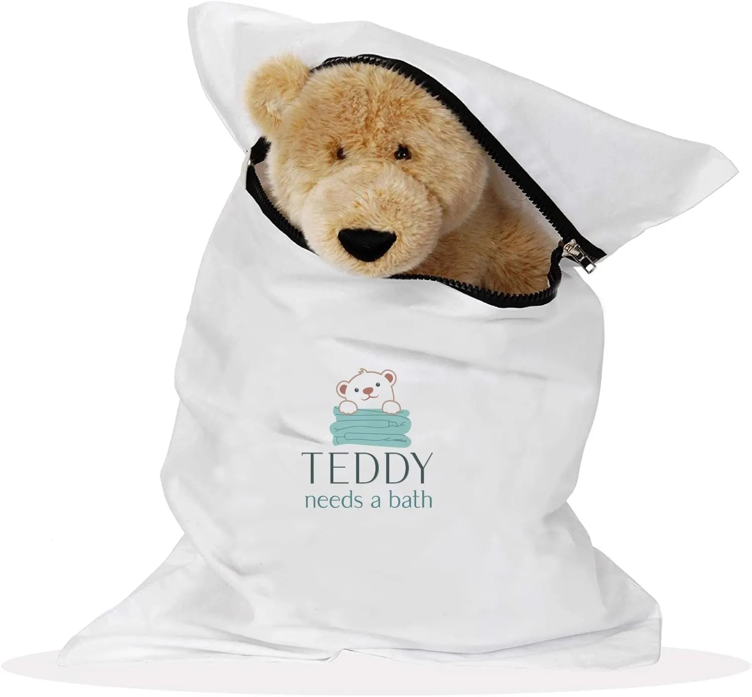 Teddy Needs A Bath! Premium Quality Washer Bag/Dryer Bag, Laundry Bag for Toys, Dolls, Plush Animals and Delicate Clothes, Suitable for Washer and Dryers, (10” x 15”) - 100% Cotton - Small