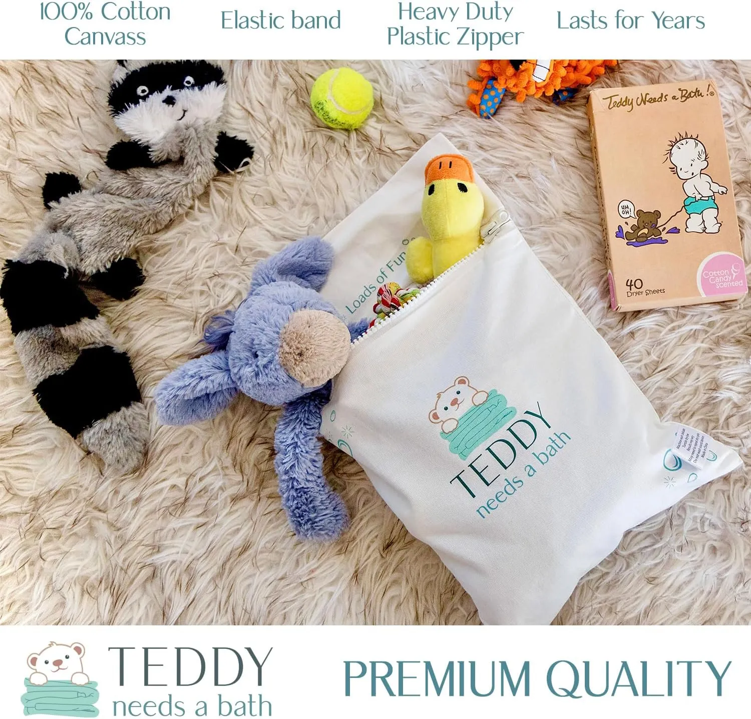 Teddy Needs A Bath! Premium Quality Washer Bag/Dryer Bag, Laundry Bag for Toys, Dolls, Plush Animals and Delicate Clothes, Suitable for Washer and Dryers, (10” x 15”) - 100% Cotton - Small