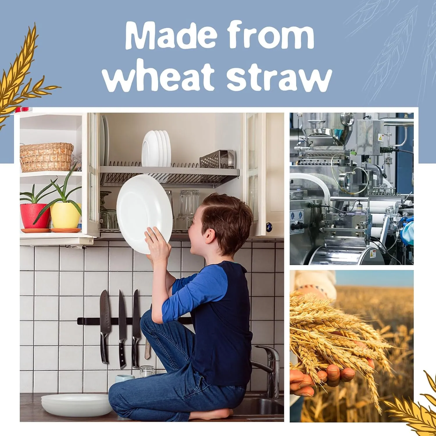 Teivio 32-Piece Kitchen Plastic Wheat Straw Dinnerware Set, Service for 8, Dinner Plates, Dessert Plate, Cereal Bowls, Cups, Unbreakable Colorful Plastic Outdoor Camping Dishes,Clear