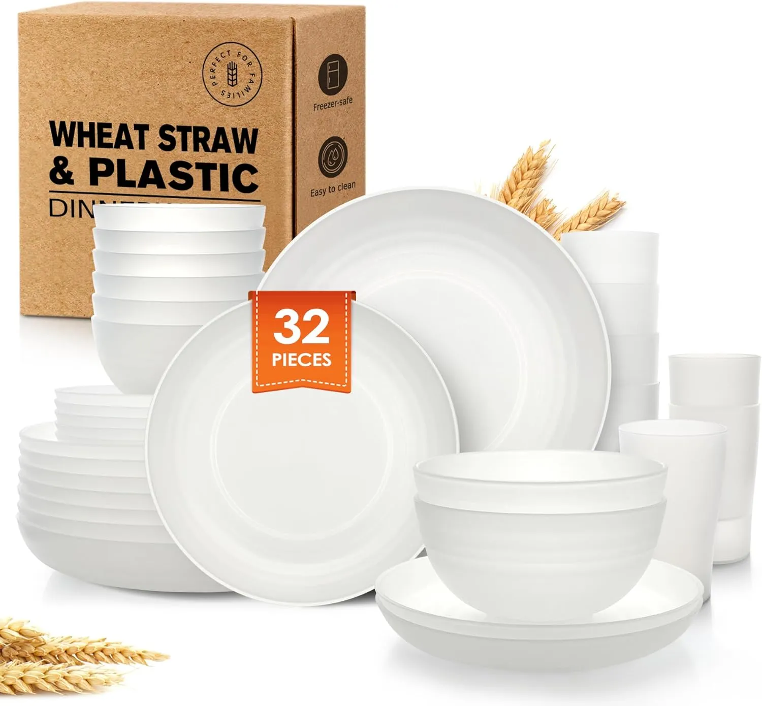 Teivio 32-Piece Kitchen Plastic Wheat Straw Dinnerware Set, Service for 8, Dinner Plates, Dessert Plate, Cereal Bowls, Cups, Unbreakable Colorful Plastic Outdoor Camping Dishes,Clear