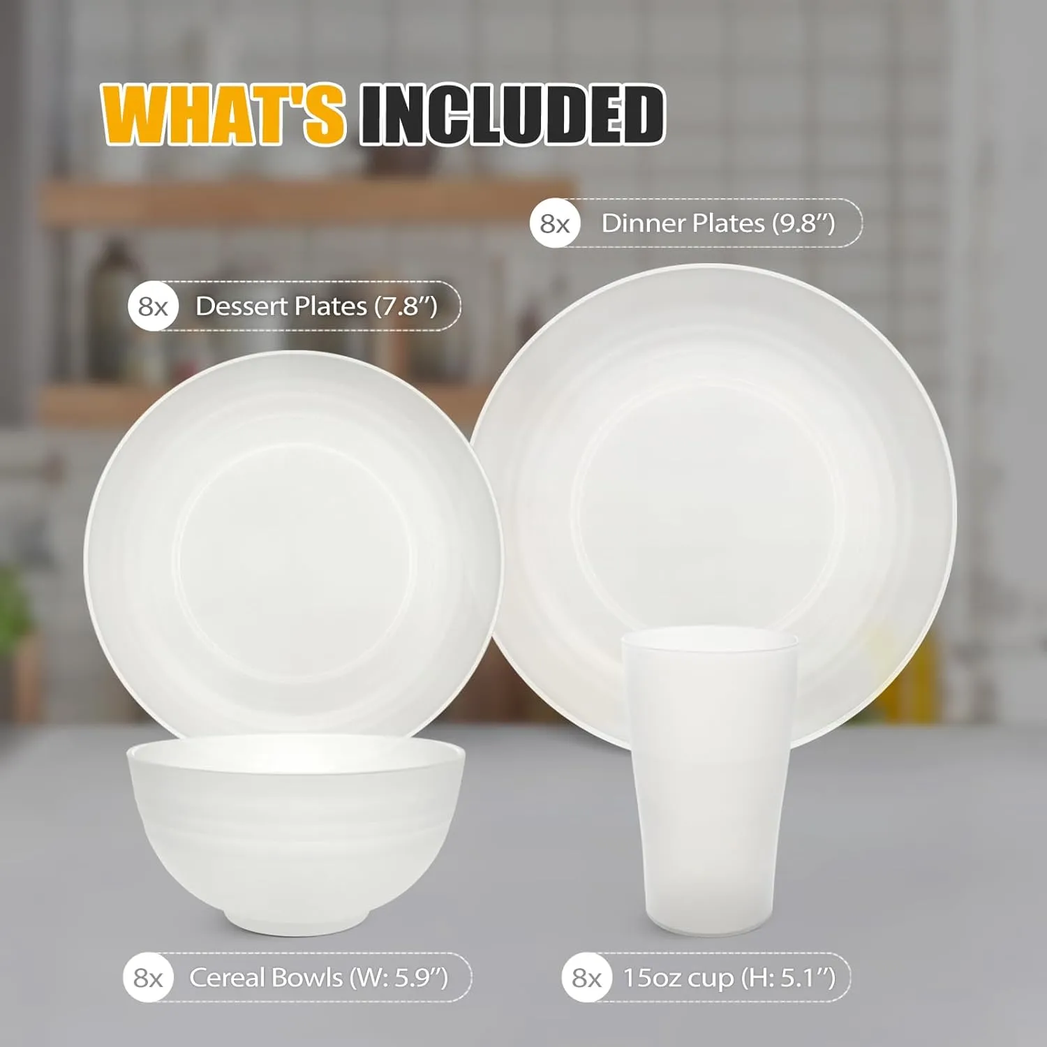 Teivio 32-Piece Kitchen Plastic Wheat Straw Dinnerware Set, Service for 8, Dinner Plates, Dessert Plate, Cereal Bowls, Cups, Unbreakable Colorful Plastic Outdoor Camping Dishes,Clear