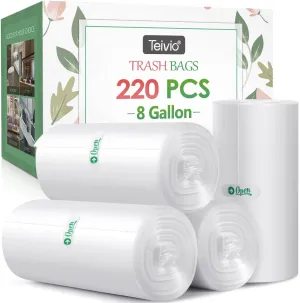 Teivio 8 Gallon 220 Counts Strong Medium Trash Bags Garbage Bags, Bathroom Trash Can Bin Liners, Plastic Bags for home office kitchen, Clear