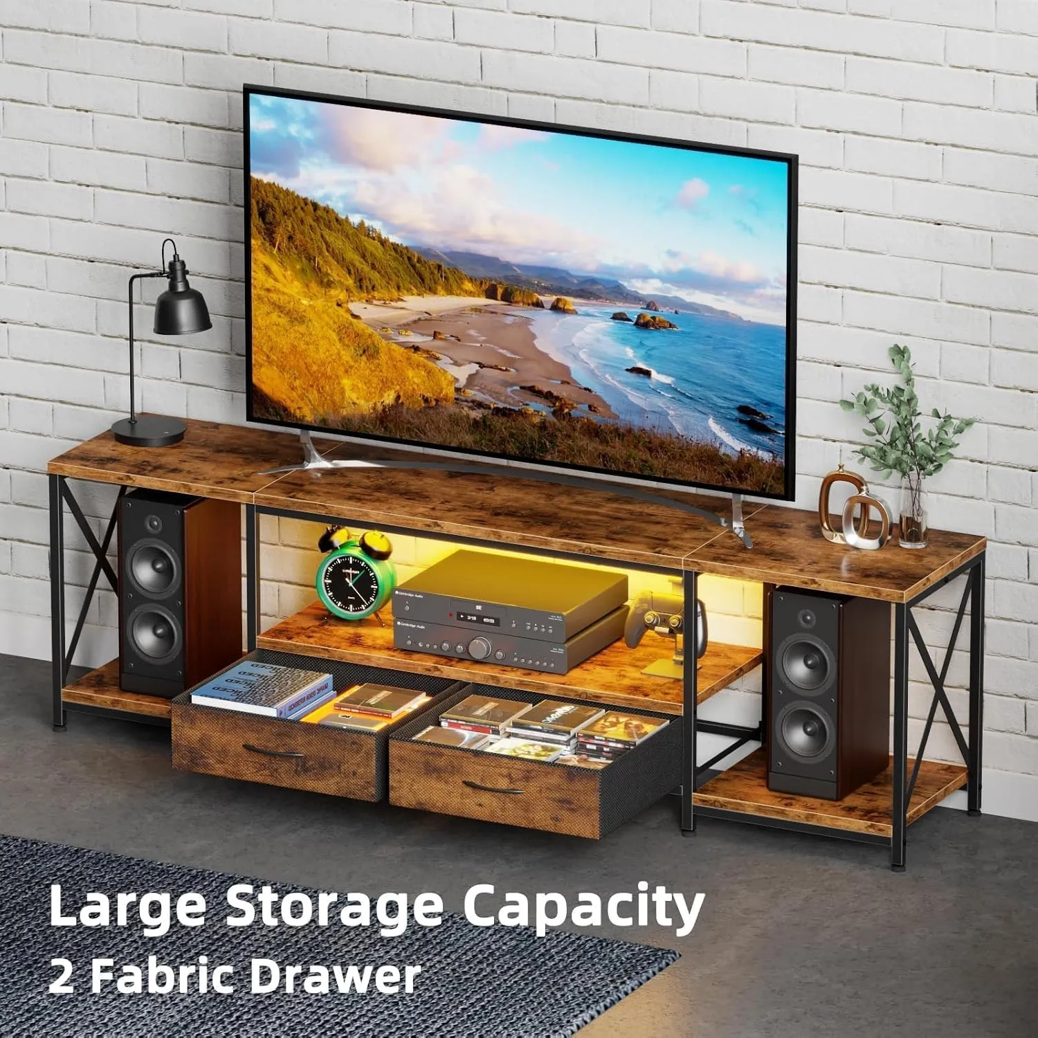 Television Stands for 80 Inches TV with Fabric Drawers, LED TV Console Table with Storage Shelves for Living Room, Bedroom, Entertainment Center 71" Rustic Brown