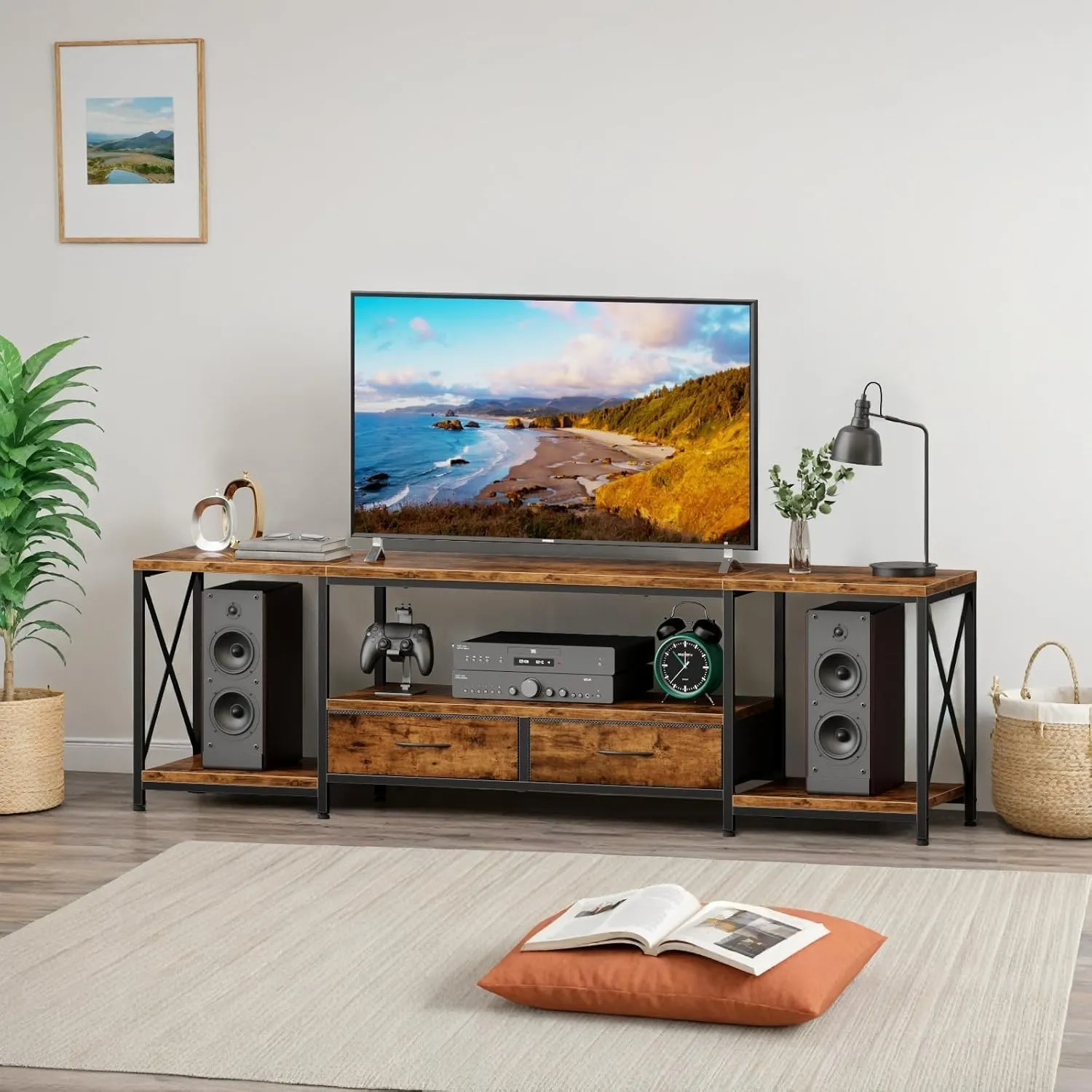 Television Stands for 80 Inches TV with Fabric Drawers, LED TV Console Table with Storage Shelves for Living Room, Bedroom, Entertainment Center 71" Rustic Brown