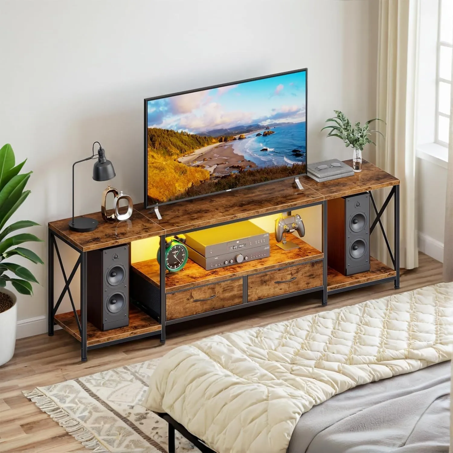 Television Stands for 80 Inches TV with Fabric Drawers, LED TV Console Table with Storage Shelves for Living Room, Bedroom, Entertainment Center 71" Rustic Brown