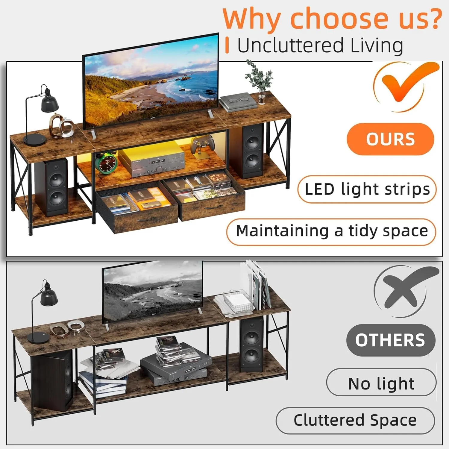 Television Stands for 80 Inches TV with Fabric Drawers, LED TV Console Table with Storage Shelves for Living Room, Bedroom, Entertainment Center 71" Rustic Brown