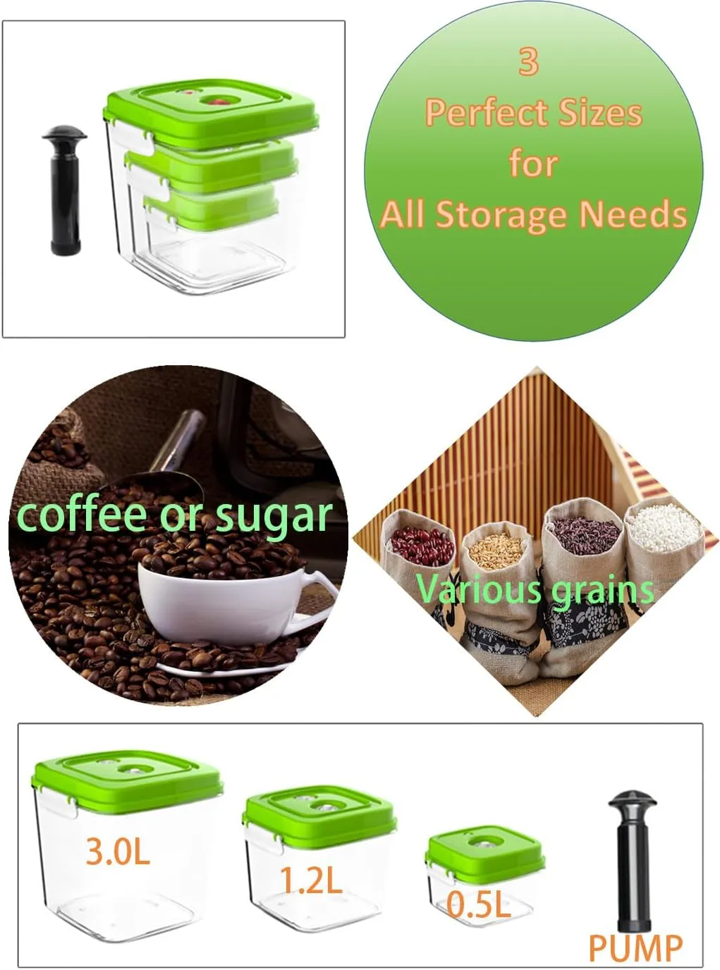 TFORESTER Vacuum Canister Set for Coffee, Tea, Dry Goods – 500ml 1200ml 3000ml Containers with Manual Pump&Time Chart – Food Storage,Bar Essentials, Espresso, Bulk Ground