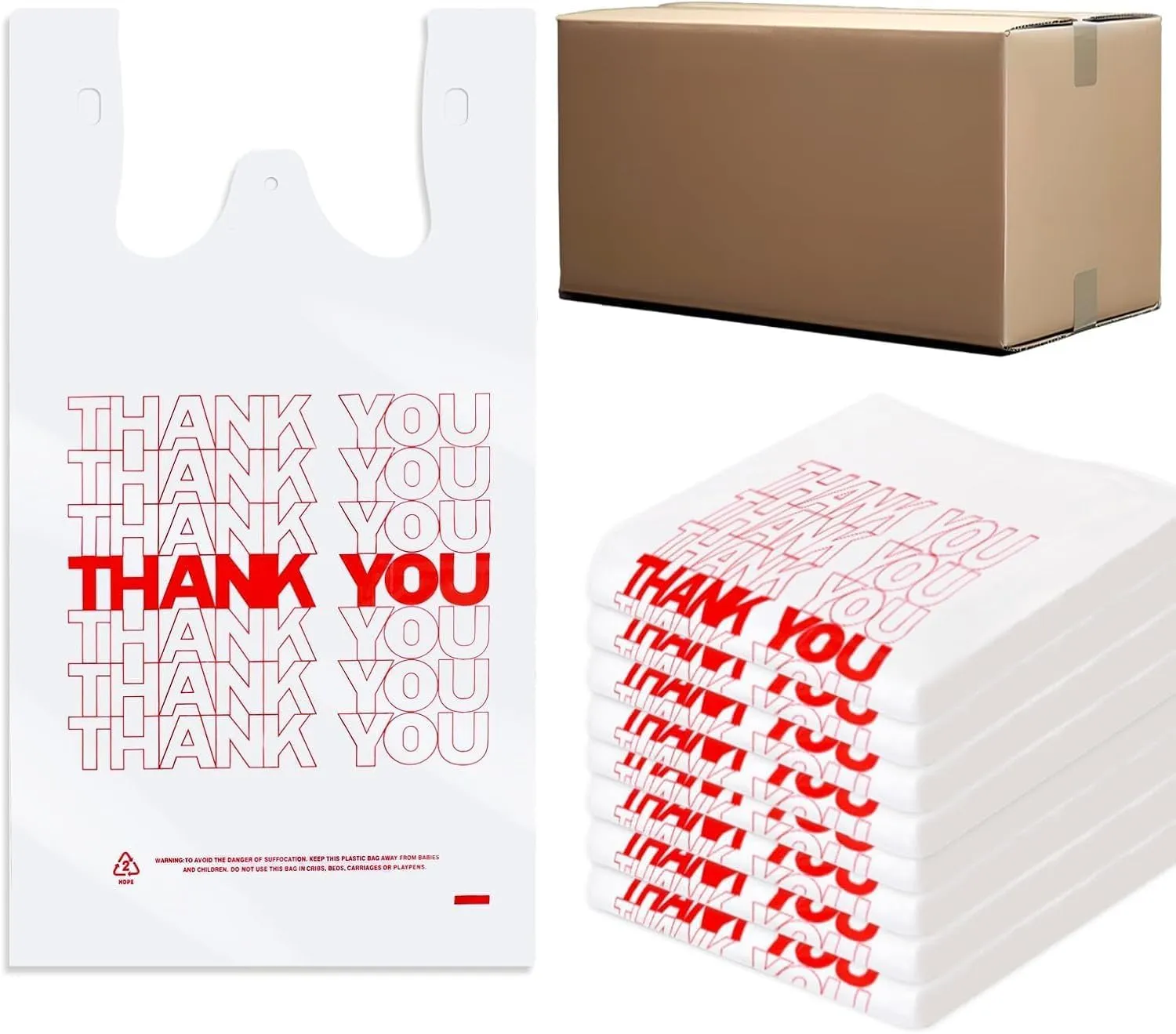 Thank You T-Shirt Bags (300 Count), Plastic - T-Shirt Plastic Bags in Bulk - (11" x 6" x 21") White