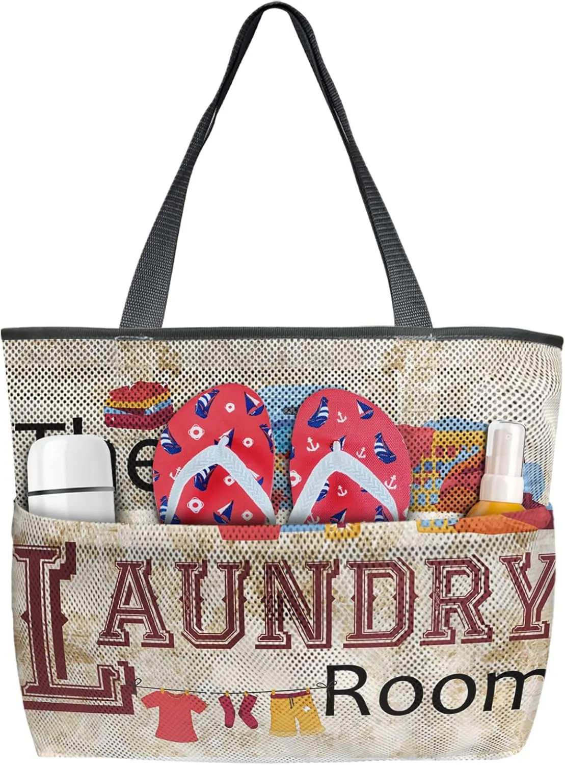 The Laundry Room Beach Tote Bag for Women, Vintage Yellow Laundry Routine Mesh Beach Bags Waterproof Sandproof, Outdoor Picnic Swim Pool Handbag - Large Beach Bag with Zipper and Pockets