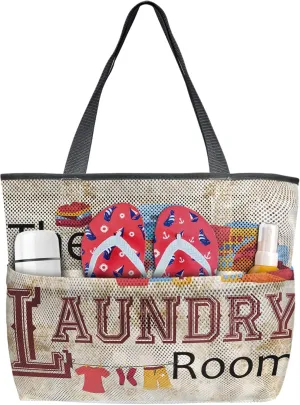 The Laundry Room Beach Tote Bag for Women, Vintage Yellow Laundry Routine Mesh Beach Bags Waterproof Sandproof, Outdoor Picnic Swim Pool Handbag - Large Beach Bag with Zipper and Pockets