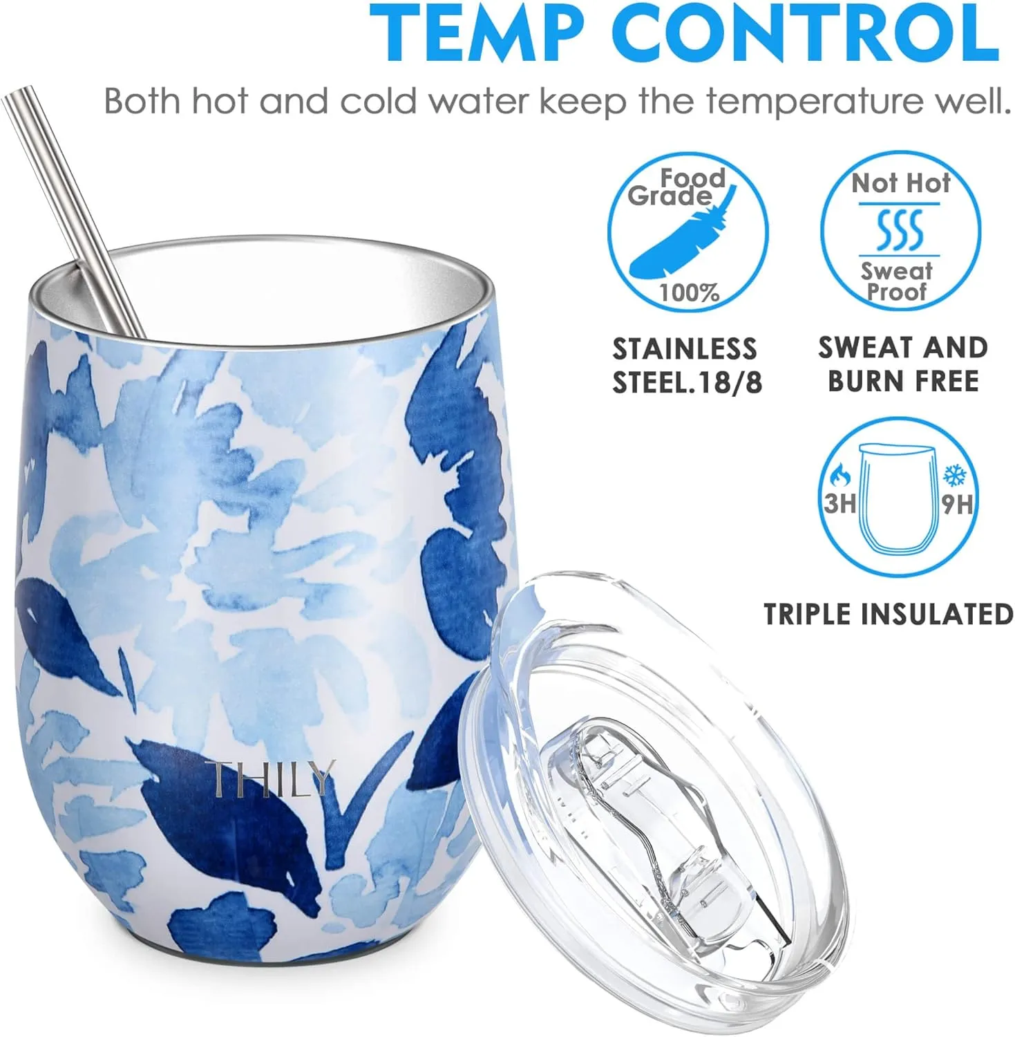 THILY Wine Tumbler Stainless Steel Insulated 12 oz Stemless Wine Glass with Slide Lid and Metal Straw, Travel Cup Keep Cold for Coffee, Cocktails, Blue Maple
