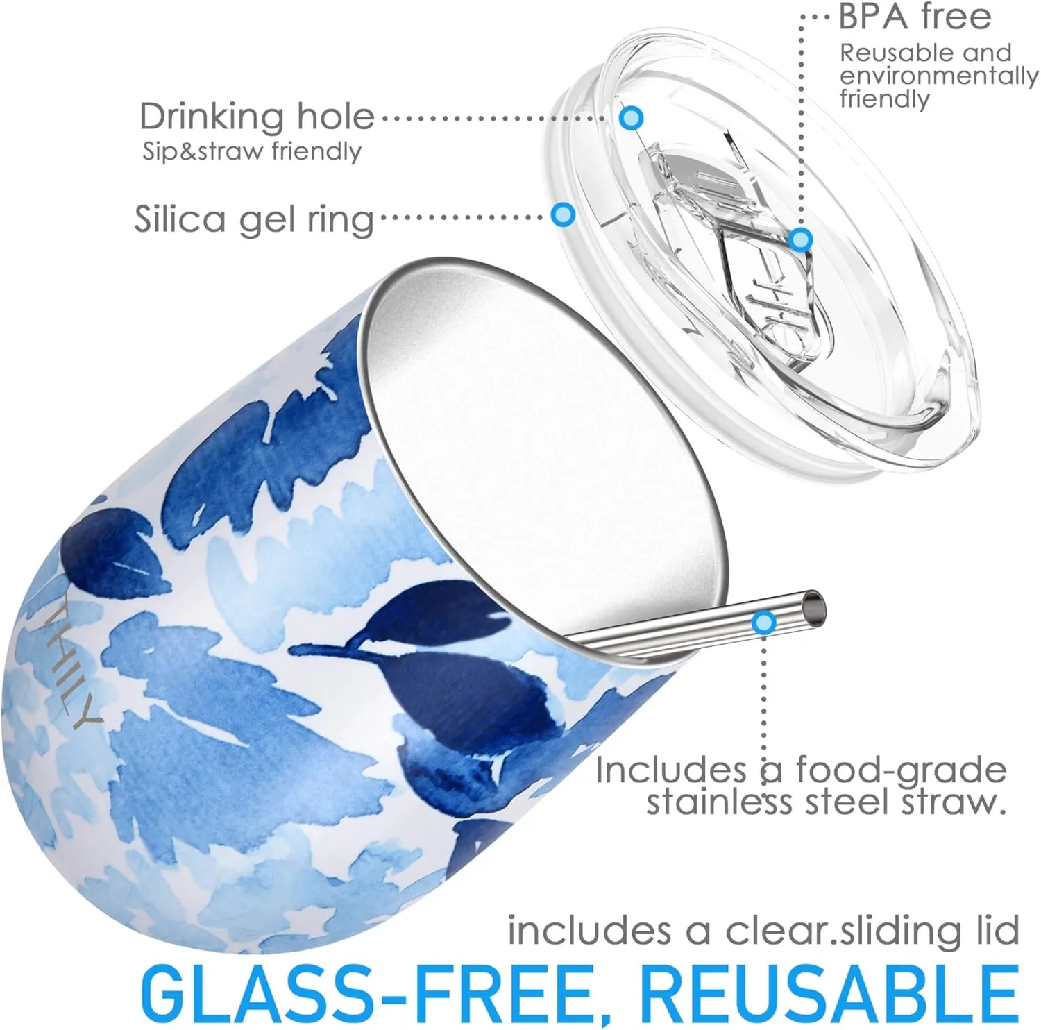 THILY Wine Tumbler Stainless Steel Insulated 12 oz Stemless Wine Glass with Slide Lid and Metal Straw, Travel Cup Keep Cold for Coffee, Cocktails, Blue Maple