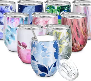 THILY Wine Tumbler Stainless Steel Insulated 12 oz Stemless Wine Glass with Slide Lid and Metal Straw, Travel Cup Keep Cold for Coffee, Cocktails, Blue Maple