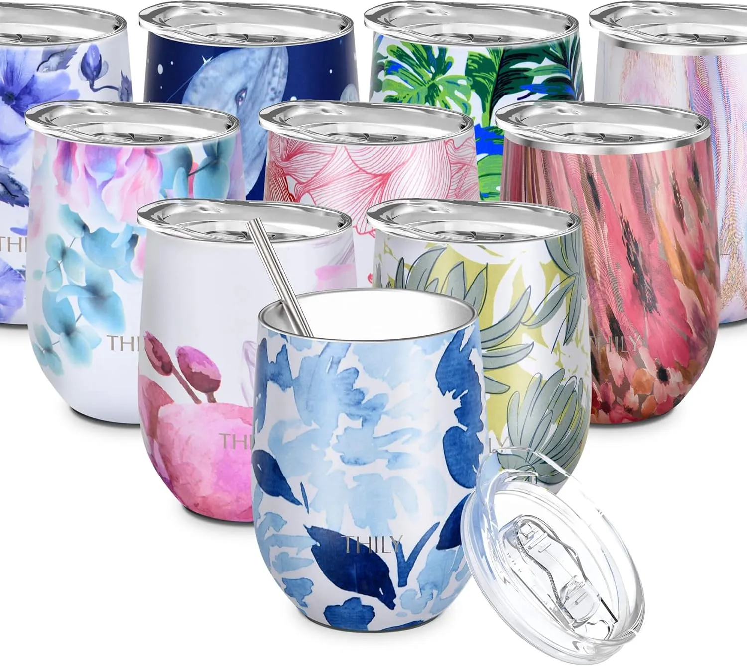THILY Wine Tumbler Stainless Steel Insulated 12 oz Stemless Wine Glass with Slide Lid and Metal Straw, Travel Cup Keep Cold for Coffee, Cocktails, Blue Maple
