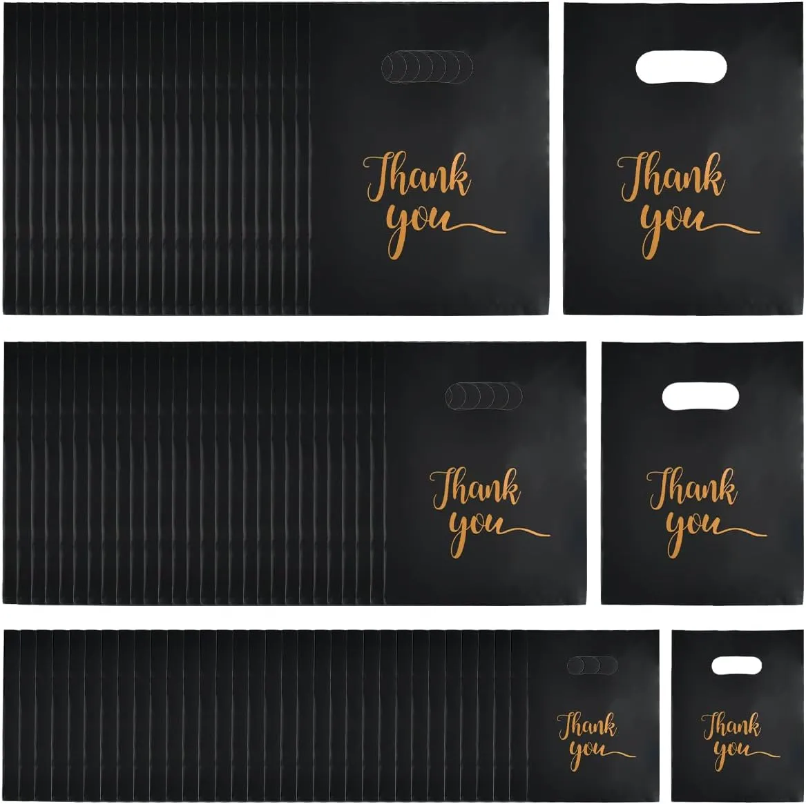 TIMESETL 300Pcs Thank You Bags for Small Business, Merchandise Bags 3 Sizes Shopping Bags with Handles Plastic Retail Shopping Bags Thank You Gift Bags Bulk Die Cut for Boutique, Gifts, Customers