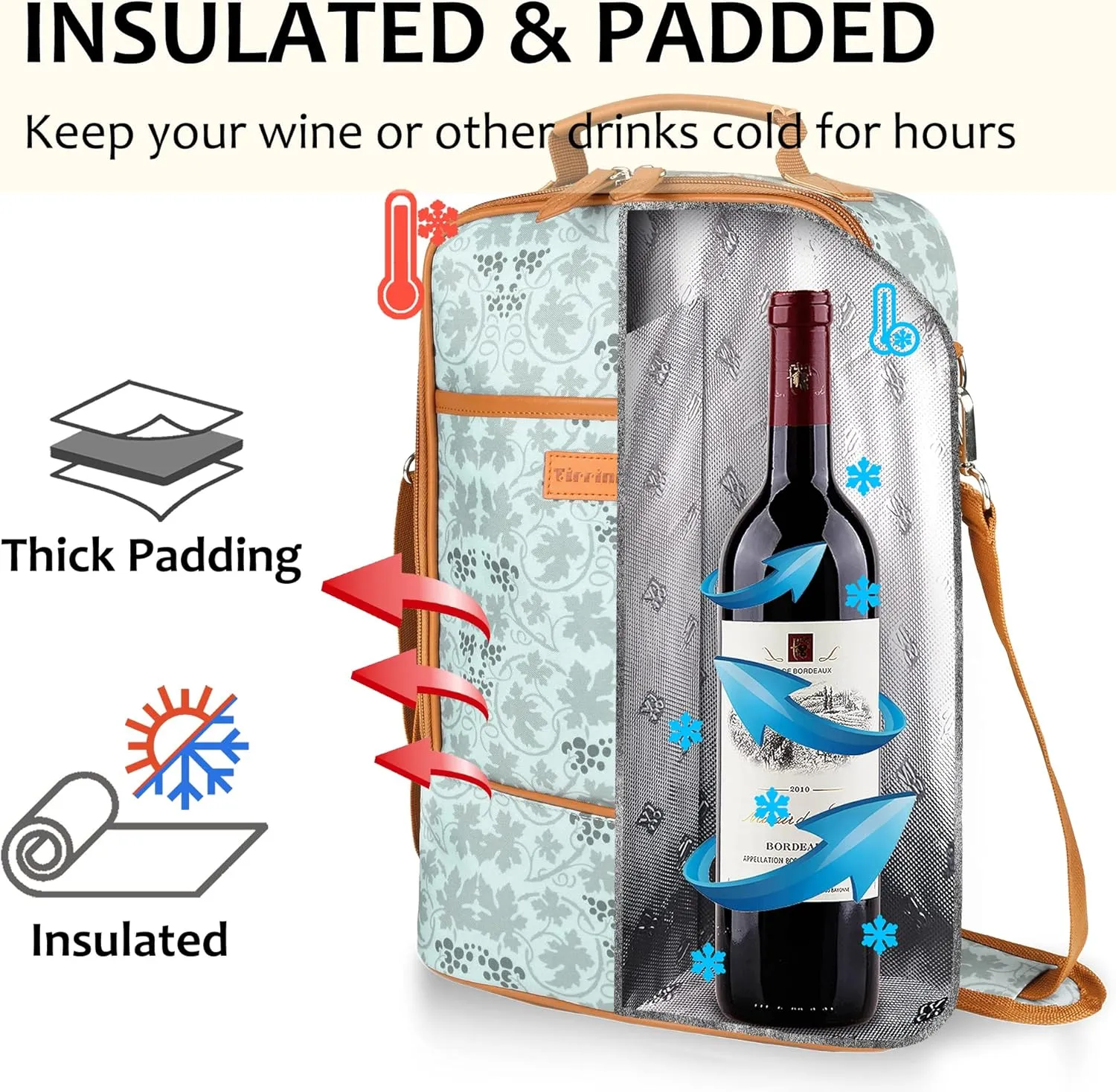 Tirrinia 2 Bottle Insulated Wine Tote Bag - Wine Tumbler Glass Cooler Carrier for BYOB Restaurants, Travel, Park, Beach - Blue & White Strap