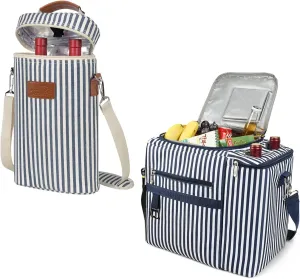 Tirrinia 2 Bottle Wine Gift Tote Carrier and 20L Insulated Cooler Bag - Leakproof Outdoor Grocery Cooling Carrier