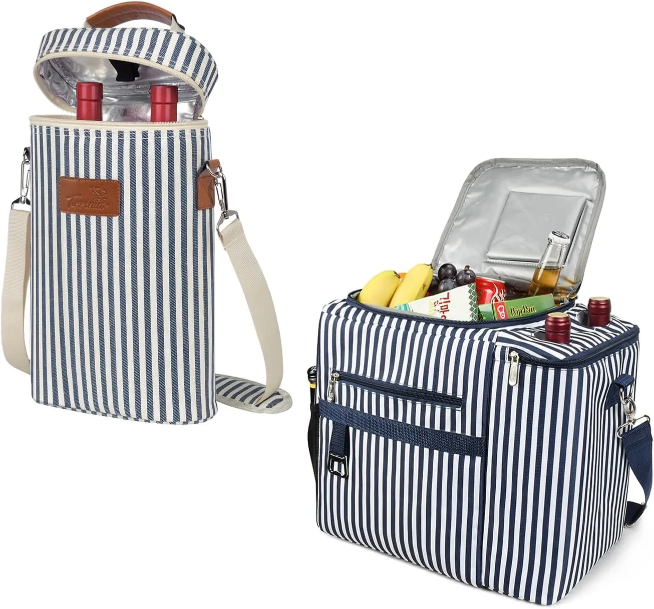 Tirrinia 2 Bottle Wine Gift Tote Carrier and 20L Insulated Cooler Bag - Leakproof Outdoor Grocery Cooling Carrier