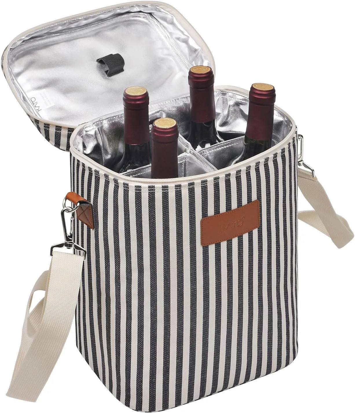 Tirrinia 4 Bottle Leakproof Insulated Wine Carrier Tote Bag - Padded and Portable for Travel, Restaurants, Tastings, Parties - Great Gift for Wine Lovers, Stripe Pattern