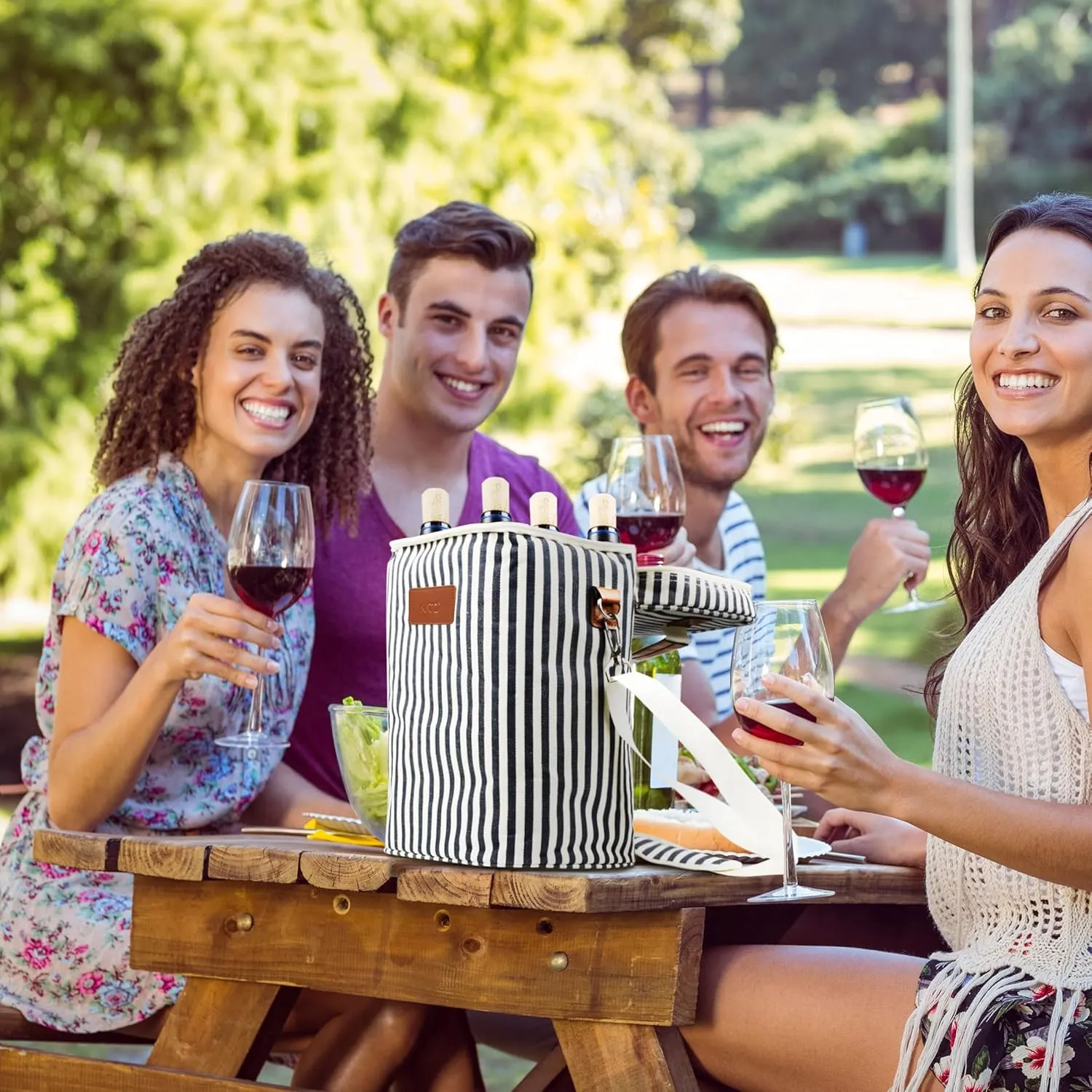 Tirrinia 4 Bottle Leakproof Insulated Wine Carrier Tote Bag - Padded and Portable for Travel, Restaurants, Tastings, Parties - Great Gift for Wine Lovers, Stripe Pattern