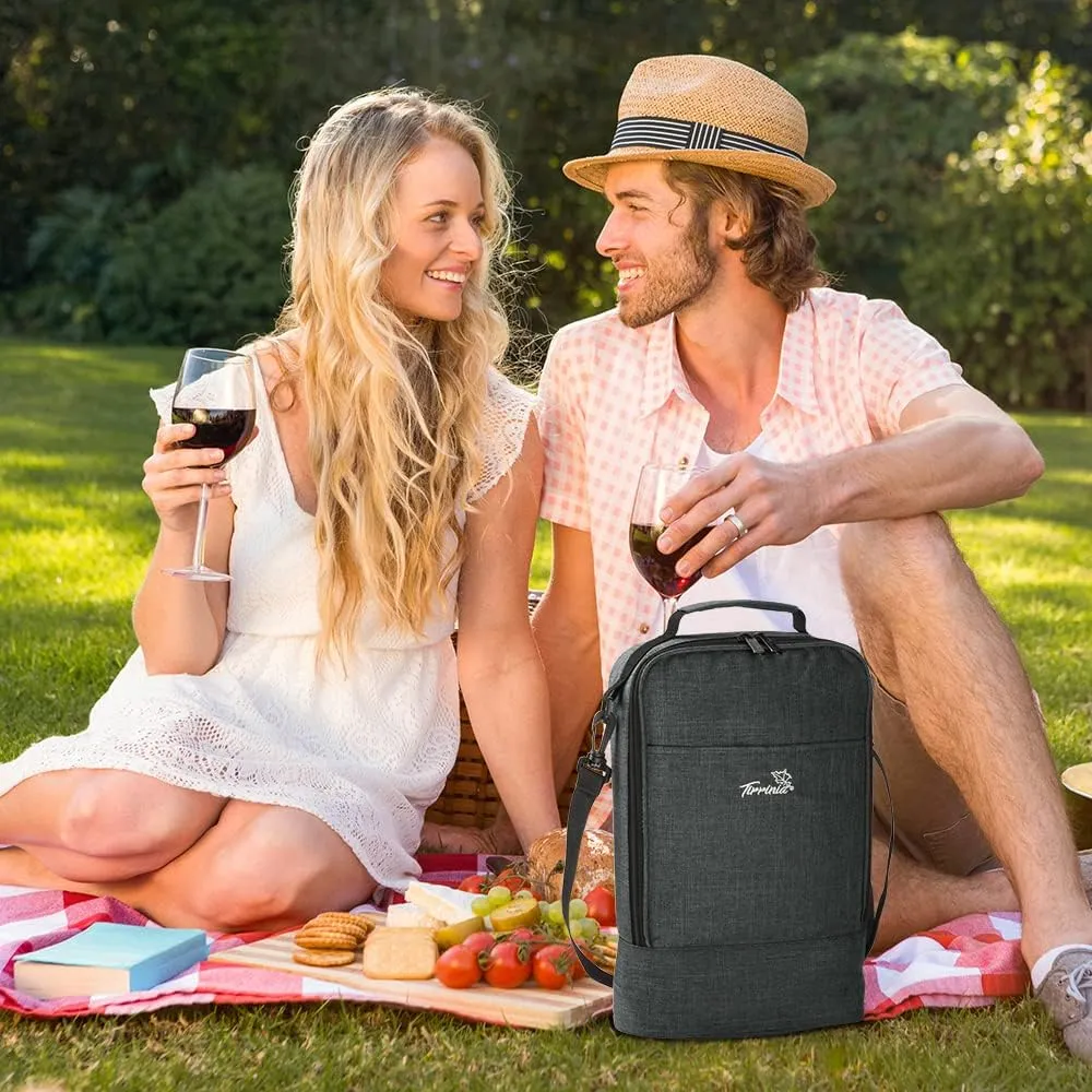 Tirrinia Insulated 2 Bottle Wine Gift Tote Bag - Tumbler Glass Cooler Carrier for BYOB Restaurants, Tasting, Travel, Park, Beach - Great Wine Lover Gift, Charcoal
