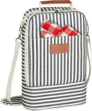 Tirrinia Insulated 2 Bottle Wine Gift Tote Bag - Wine Tumbler Glass Cooler Carrier for BYOB Restaurants, Wine Tasting, Travel, Park, Beach, Great Wine Lover Gift, Blue Stripe