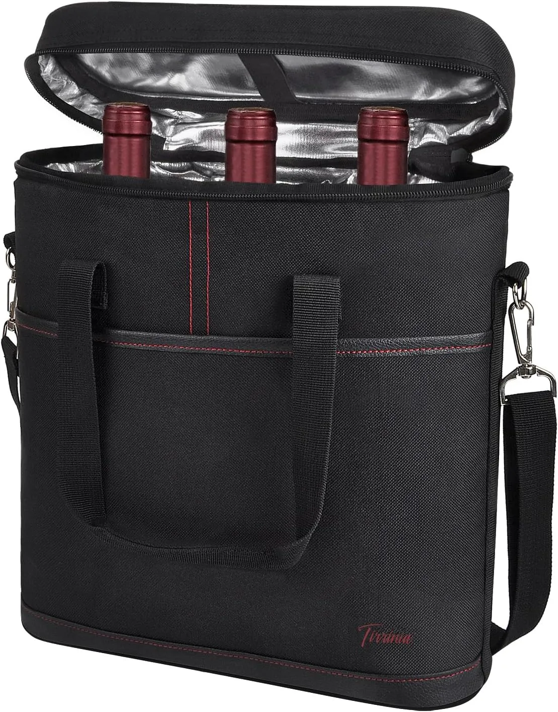Tirrinia Insulated Wine Gift carrier - 3 Bottle Travel Padded Wine Carry Cooler Tote Bag with Handle and Adjustable Shoulder Strap, Black