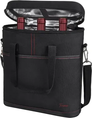 Tirrinia Insulated Wine Gift carrier - 3 Bottle Travel Padded Wine Carry Cooler Tote Bag with Handle and Adjustable Shoulder Strap, Black