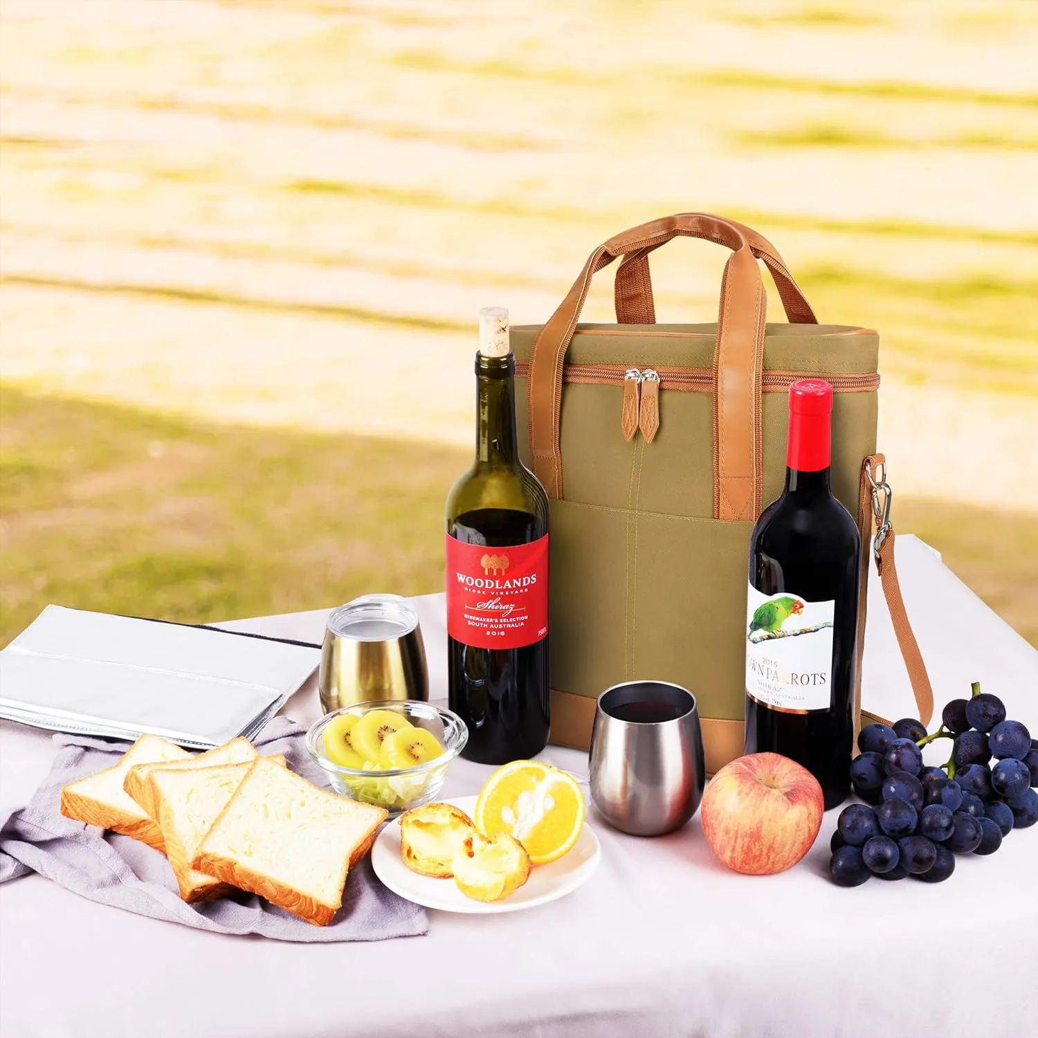 Tirrinia Insulated Wine Gift carrier - 3 Bottle Travel Padded Wine Carry Cooler Tote Bag with Handle and Adjustable Shoulder Strap, Khaki