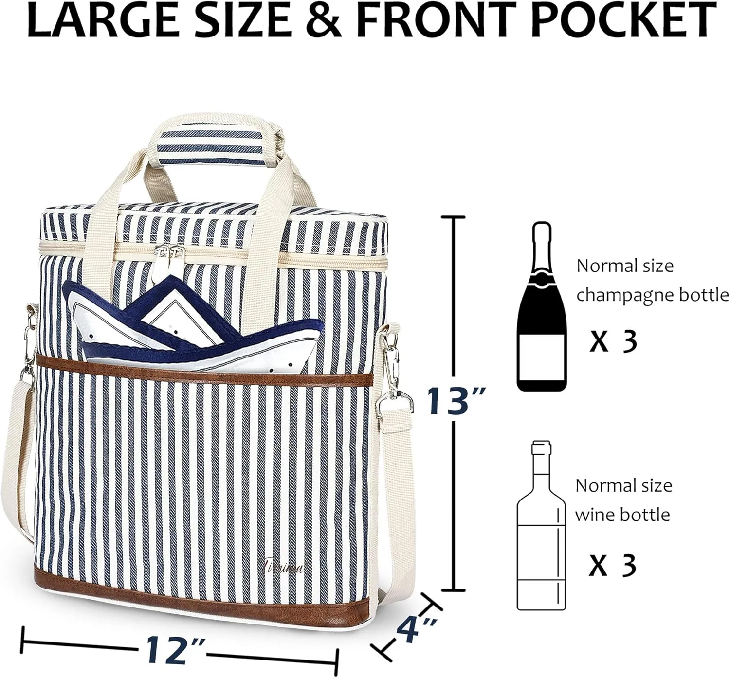 Tirrinia Insulated Wine Gift carrier - 3 Bottle Travel Padded Wine Carry Cooler Tote Bag with Handle and Adjustable Shoulder Strap, Stripe