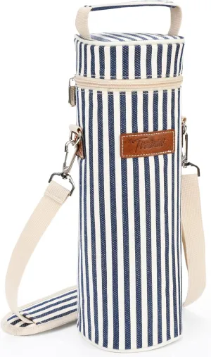 Tirrinia Single Wine Cooler Bags - Insulated & Padded Portable Wine Gift Tote Carrier for Travel, BYOB Restaurant, Wine Tasting, Party, Great Gift for Wine Lover, Blue Stripe