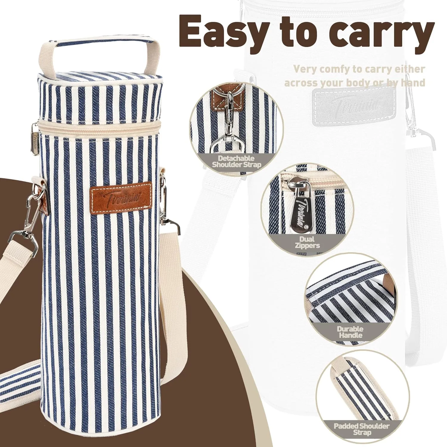 Tirrinia Single Wine Cooler Bags - Insulated & Padded Portable Wine Gift Tote Carrier for Travel, BYOB Restaurant, Wine Tasting, Party, Great Gift for Wine Lover, Blue Stripe