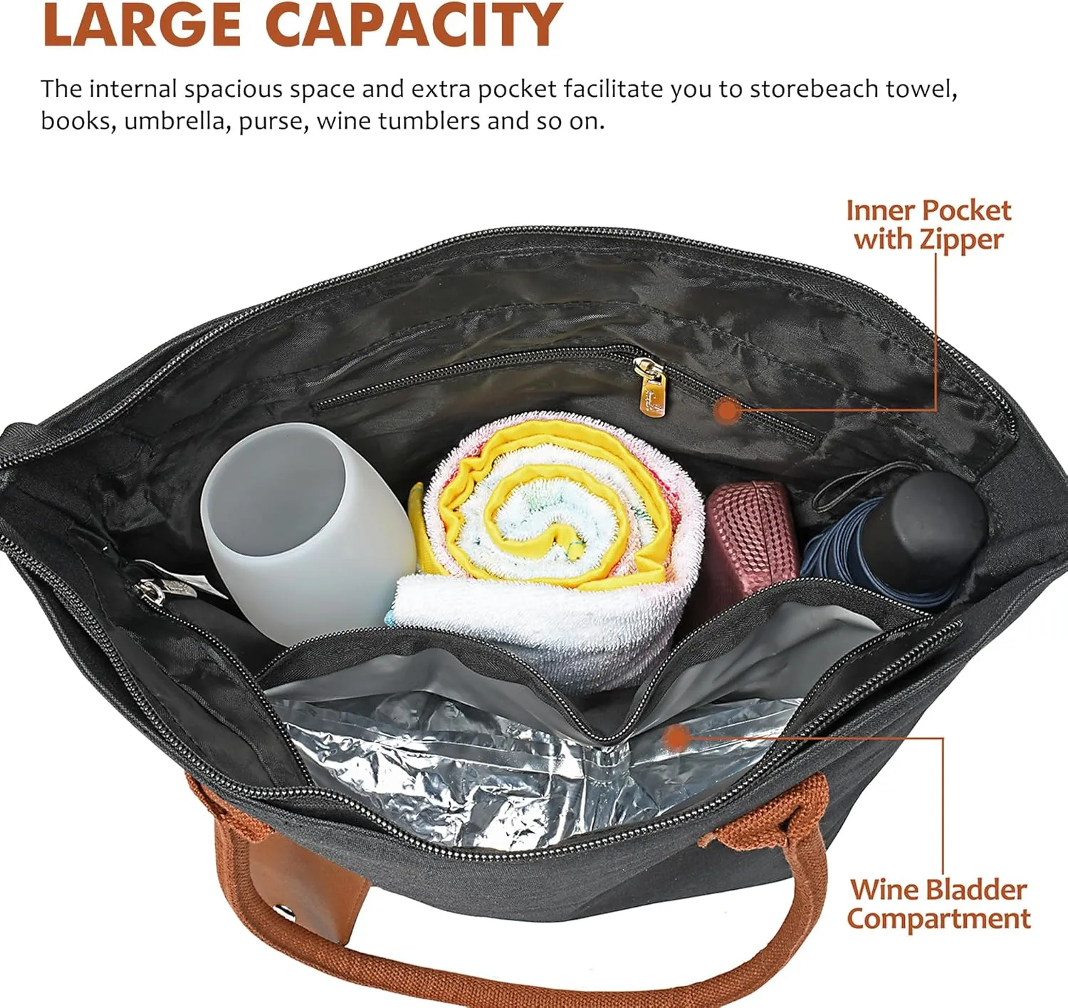 Tirrinia Wine Purse Beach Bag with Hidden Dispenser, Insulated Large Wine Travel Cooler with Wine Bladder – Perfect Wine Gift for Travel, BYOB, Concerts, Sports Events, Pool & Beach, Black
