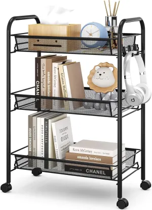 TOOLF 3-Tier Metal Rolling Cart, Mesh Wire Easy Assemble Utility Cart, Storage Trolley on Wheels with 3 Hooks, MetalStorage Shelving Units for Kitchen Bathroom Laundry Room