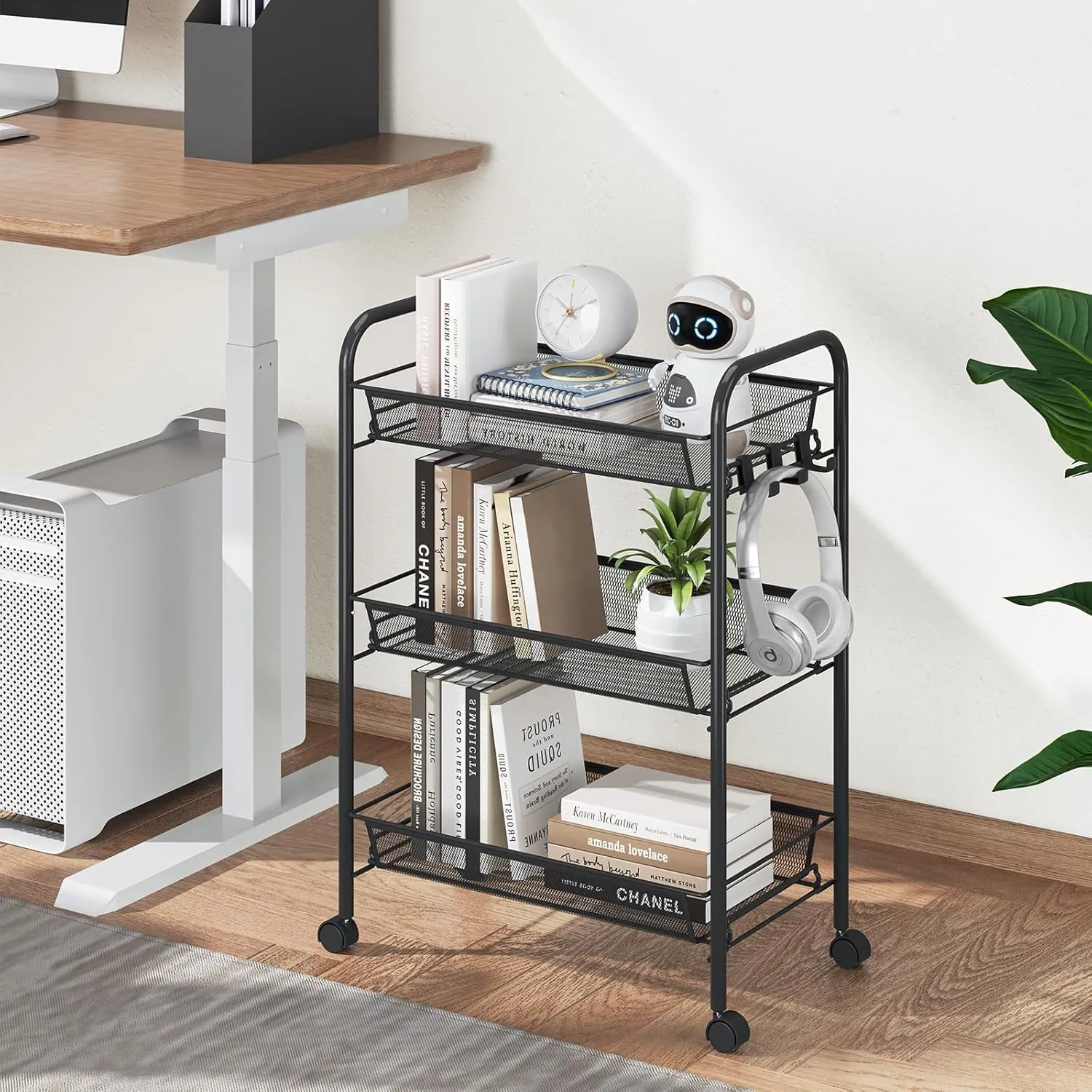 TOOLF 3-Tier Metal Rolling Cart, Mesh Wire Easy Assemble Utility Cart, Storage Trolley on Wheels with 3 Hooks, MetalStorage Shelving Units for Kitchen Bathroom Laundry Room