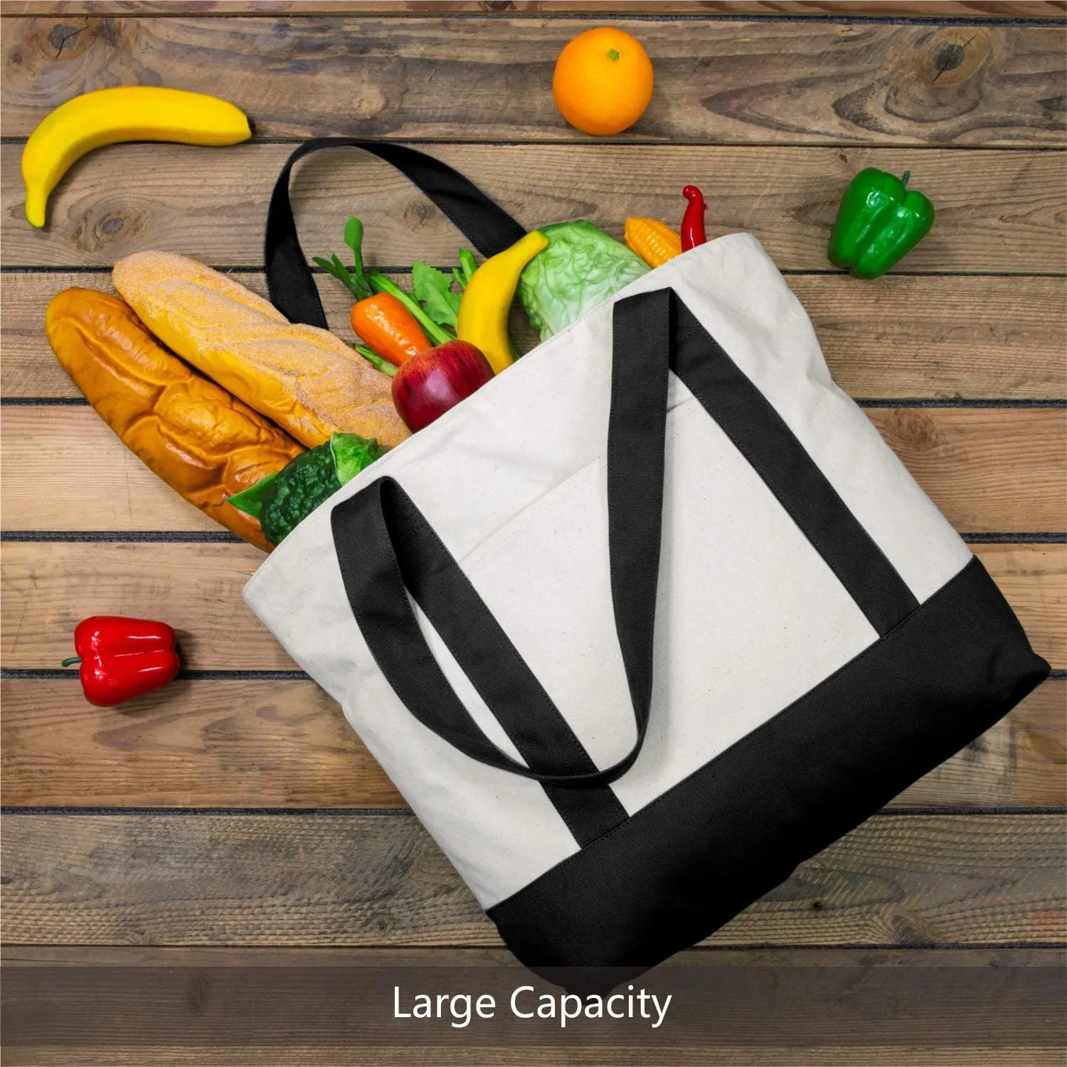 TOPDesign 6-Pack Canvas Tote Bags with an External Pocket, Reusable Grocery Shopping Bags, Top Zipper Closure, Daily Essentials (Black/Natural)