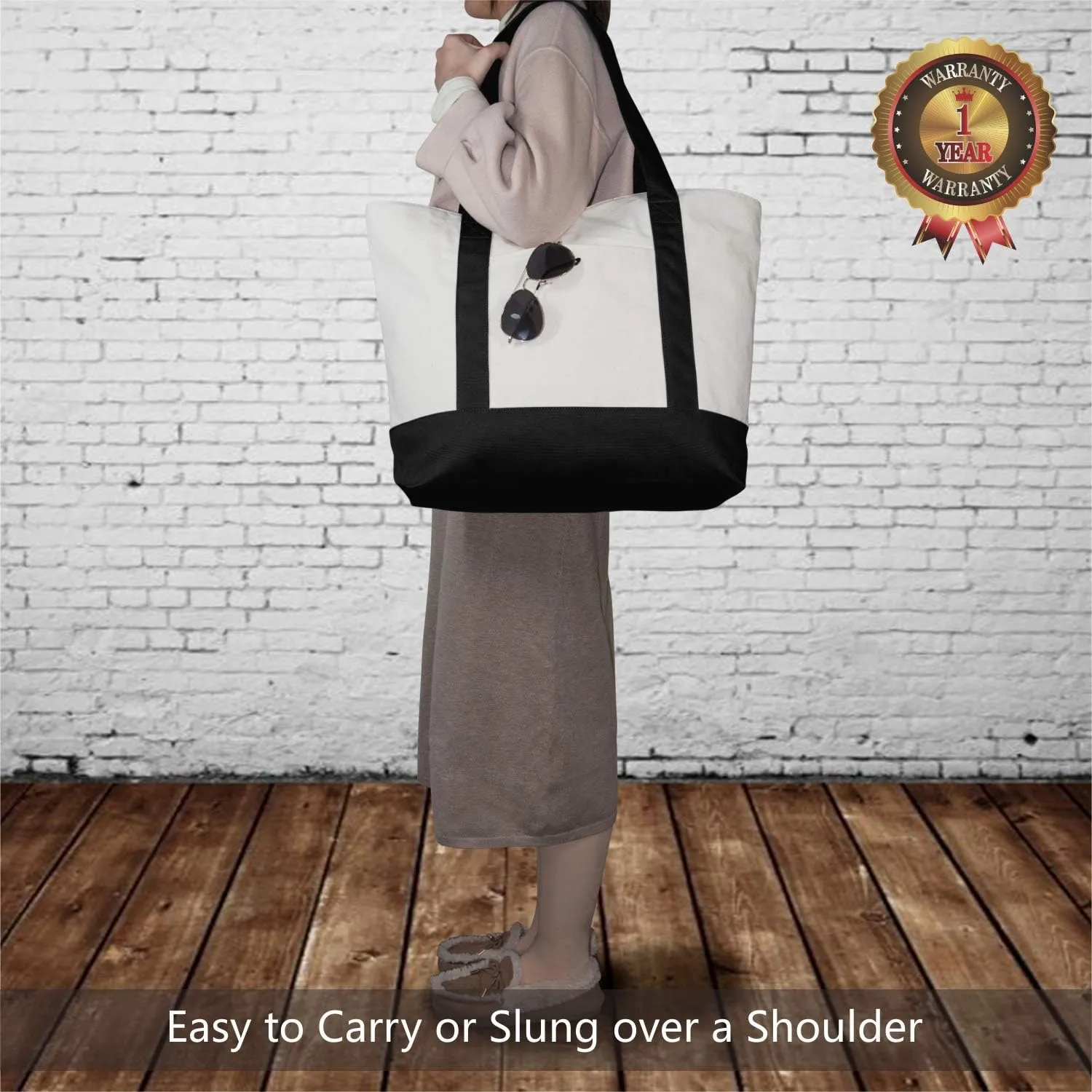 TOPDesign 6-Pack Canvas Tote Bags with an External Pocket, Reusable Grocery Shopping Bags, Top Zipper Closure, Daily Essentials (Black/Natural)