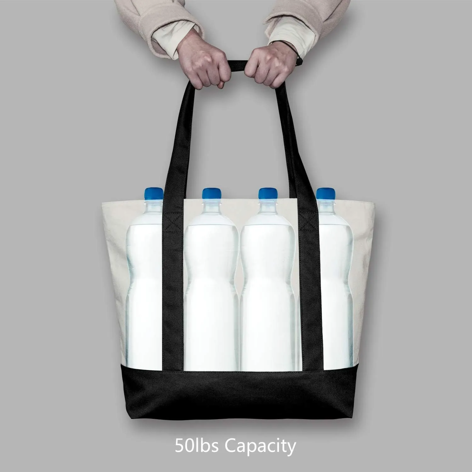 TOPDesign 6-Pack Canvas Tote Bags with an External Pocket, Reusable Grocery Shopping Bags, Top Zipper Closure, Daily Essentials (Black/Natural)