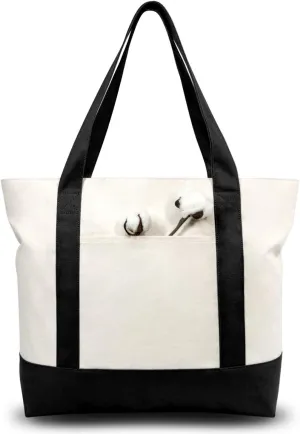 TOPDesign 6-Pack Canvas Tote Bags with an External Pocket, Reusable Grocery Shopping Bags, Top Zipper Closure, Daily Essentials (Black/Natural)