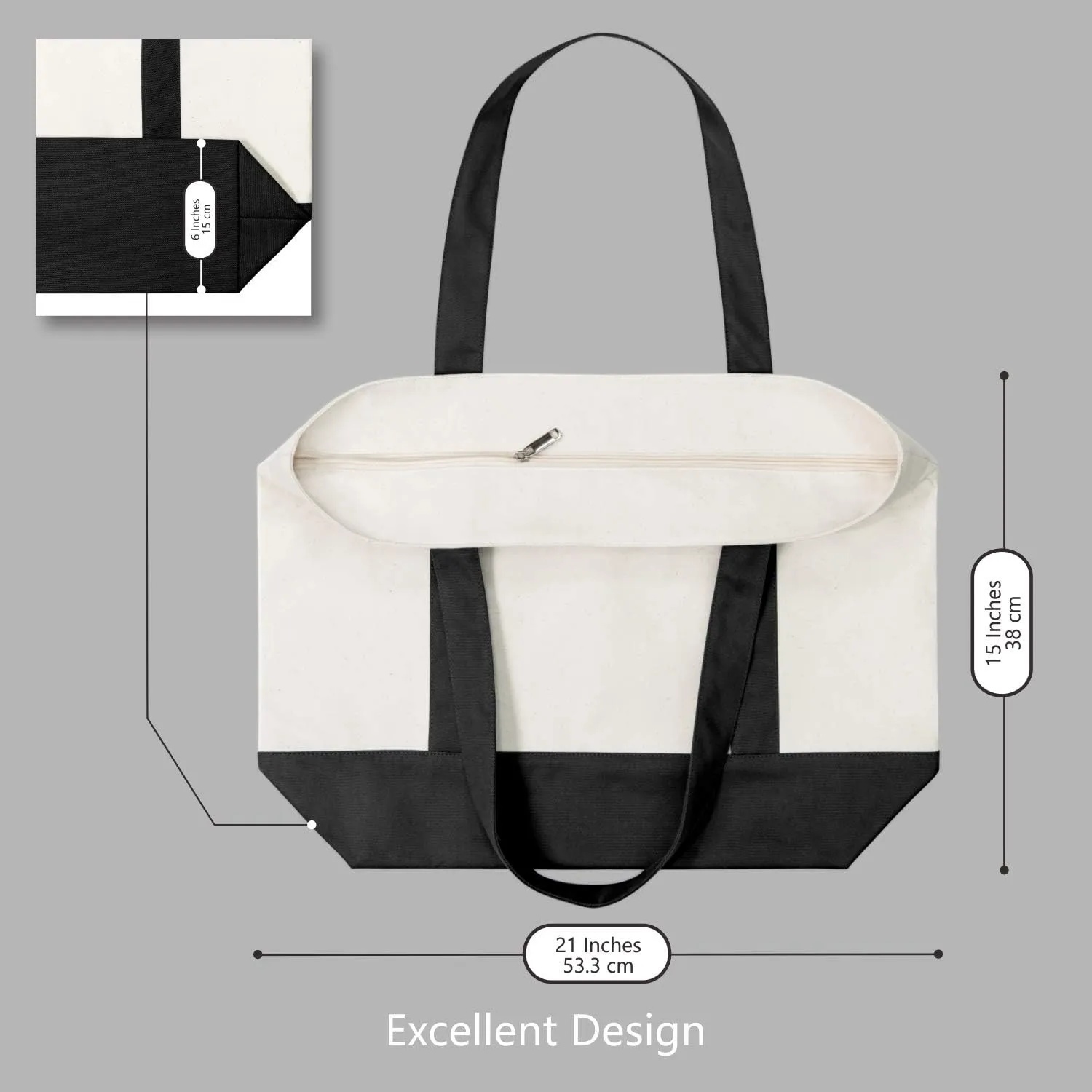 TOPDesign 6-Pack Canvas Tote Bags with an External Pocket, Reusable Grocery Shopping Bags, Top Zipper Closure, Daily Essentials (Black/Natural)