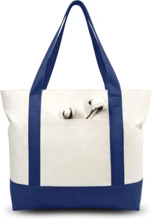 TOPDesign 6-Pack Canvas Tote Bags with an External Pocket, Reusable Grocery Shopping Bags, Top Zipper Closure, Daily Essentials (Blue/Natural)